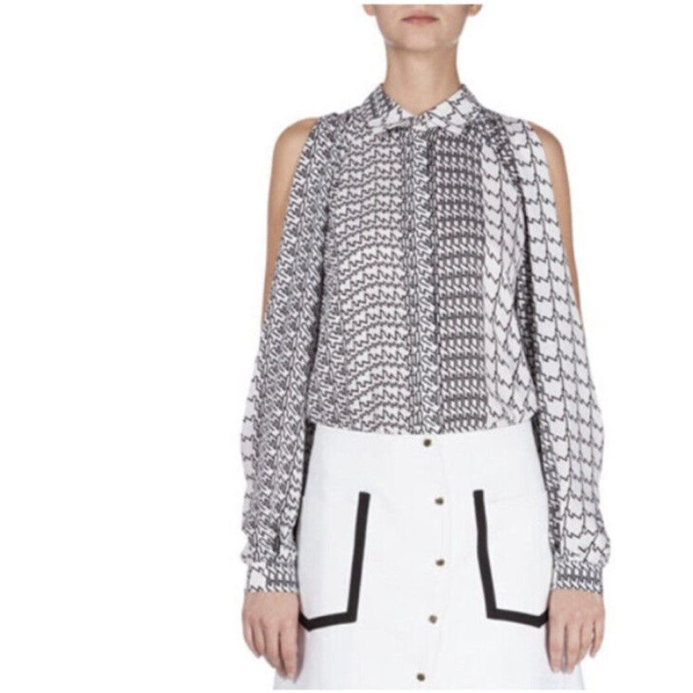 Kenzo Paris Silk Shirt Sz 36 XS Black White Geometric Print Open Long Sleeve